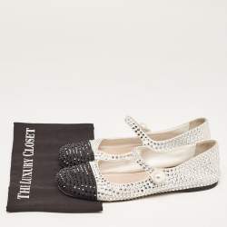 Pre Owned Miu Miu White/Black Crystal Embellished Fabric Mary Jane Ballet Flats Size 40