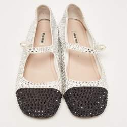 Pre Owned Miu Miu White/Black Crystal Embellished Fabric Mary Jane Ballet Flats Size 40