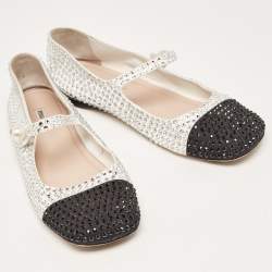 Pre Owned Miu Miu White/Black Crystal Embellished Fabric Mary Jane Ballet Flats Size 40