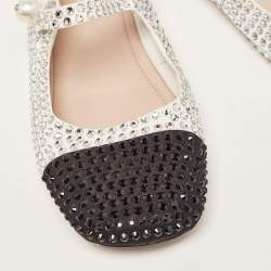 Pre Owned Miu Miu White/Black Crystal Embellished Fabric Mary Jane Ballet Flats Size 40
