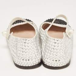 Pre Owned Miu Miu White/Black Crystal Embellished Fabric Mary Jane Ballet Flats Size 40