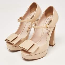 مملوكة مسبقًا Miu Miu Beige Patent Leather Bow Platform Open Toe Mary Jane Pumps Size 36