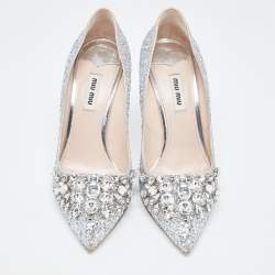 Miu Miu Silver Glitter Crystal Embellished Pointed Toe Pumps  Size 38