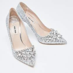 Miu Miu Silver Glitter Crystal Embellished Pointed Toe Pumps  Size 38