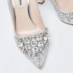 Miu Miu Silver Glitter Crystal Embellished Pointed Toe Pumps  Size 38
