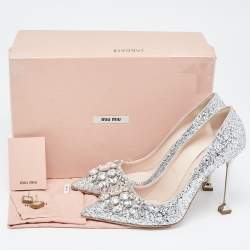 Miu Miu Silver Glitter Crystal Embellished Pointed Toe Pumps  Size 38