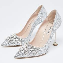 Miu Miu Silver Glitter Crystal Embellished Pointed Toe Pumps  Size 38