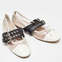 Pre Owned Miu Miu Transparent/White Pvc and Leather Buckle Detail Bow Ballet Flats Size 38.5