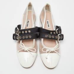 Pre Owned Miu Miu Transparent/White Pvc and Leather Buckle Detail Bow Ballet Flats Size 38.5