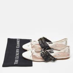 Pre Owned Miu Miu Transparent/White Pvc and Leather Buckle Detail Bow Ballet Flats Size 38.5