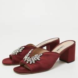 Pre Owned Miu Miu Burgundy Satin Crystal Embellished Slide Sandals Size 41