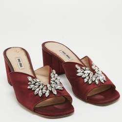 Pre Owned Miu Miu Burgundy Satin Crystal Embellished Slide Sandals Size 41