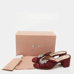 Pre Owned Miu Miu Burgundy Satin Crystal Embellished Slide Sandals Size 41