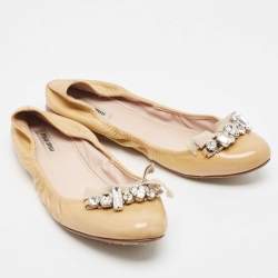 Miu Miu Beige Patent Leather Crystal Embellished Ballet Flats Size 39   