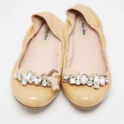 Miu Miu Beige Patent Leather Crystal Embellished Ballet Flats Size 39   