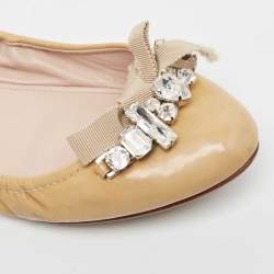Miu Miu Beige Patent Leather Crystal Embellished Ballet Flats Size 39   