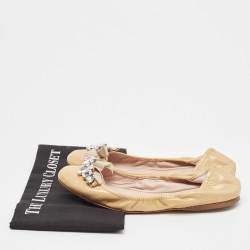 Miu Miu Beige Patent Leather Crystal Embellished Ballet Flats Size 39   