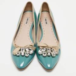Pre Owned Miu Miu Blue Patent Leather Embellished Ballet Flats Size 42