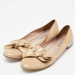Miu Miu Beige Patent Leather Bow Detail Crystal Embellished Heel Ballet Flats Size 39