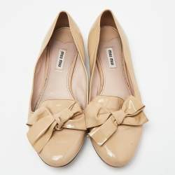 Miu Miu Beige Patent Leather Bow Detail Crystal Embellished Heel Ballet Flats Size 39