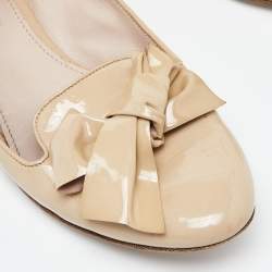 Miu Miu Beige Patent Leather Bow Detail Crystal Embellished Heel Ballet Flats Size 39