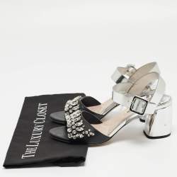 Miu Miu Silver/Black Leather Crystal Embellished Ankle Strap Sandals Size 35.5