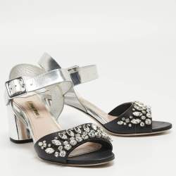 Miu Miu Silver/Black Leather Crystal Embellished Ankle Strap Sandals Size 35.5