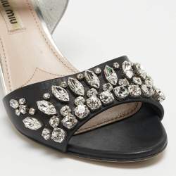 Miu Miu Silver/Black Leather Crystal Embellished Ankle Strap Sandals Size 35.5