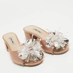 Miu Miu Beige Satin Crystal Embellished Peep Toe Block Heel Slide Sandals Size 35