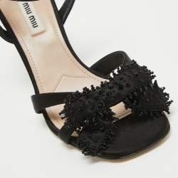Miu Miu Black Satin Embellished Ankle Strap Sandals Size 37.5