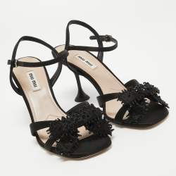Miu Miu Black Satin Embellished Ankle Strap Sandals Size 37.5