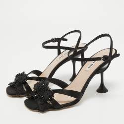 Miu Miu Black Satin Embellished Ankle Strap Sandals Size 37.5