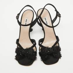 Miu Miu Black Satin Embellished Ankle Strap Sandals Size 37.5
