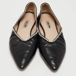 Miu Miu Black Leather Crystal Embellished Pointed Toe Ballet Flats Size 36