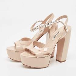 Pre Owned Miu Miu Beige Patent Leather Crystal Embellished Ankle Strap Sandals Size 35.5