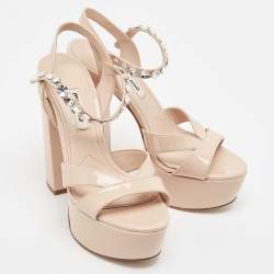 Pre Owned Miu Miu Beige Patent Leather Crystal Embellished Ankle Strap Sandals Size 35.5