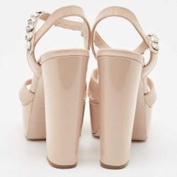 Pre Owned Miu Miu Beige Patent Leather Crystal Embellished Ankle Strap Sandals Size 35.5