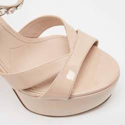 Pre Owned Miu Miu Beige Patent Leather Crystal Embellished Ankle Strap Sandals Size 35.5