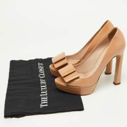 Pre Owned Miu Miu Beige Patent Leather Bow Peep Toe Platform Pumps Size 36.5