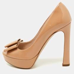 Pre Owned Miu Miu Beige Patent Leather Bow Peep Toe Platform Pumps Size 36.5