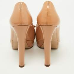 Pre Owned Miu Miu Beige Patent Leather Bow Peep Toe Platform Pumps Size 36.5
