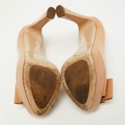 Pre Owned Miu Miu Beige Patent Leather Bow Peep Toe Platform Pumps Size 36.5