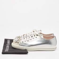 Miu Miu Silver Patent Leather Crystal Embellished Cap-Toe Low-Top Sneakers Size 39