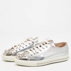 Miu Miu Silver Patent Leather Crystal Embellished Cap-Toe Low-Top Sneakers Size 39