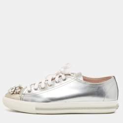 Miu Miu Silver Patent Leather Crystal Embellished Cap-Toe Low-Top Sneakers Size 39