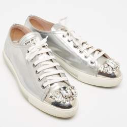 Miu Miu Silver Patent Leather Crystal Embellished Cap-Toe Low-Top Sneakers Size 39