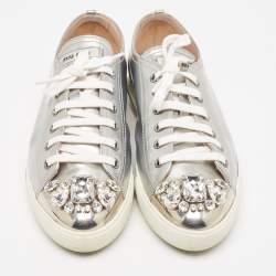 Miu Miu Silver Patent Leather Crystal Embellished Cap-Toe Low-Top Sneakers Size 39
