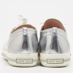 Miu Miu Silver Patent Leather Crystal Embellished Cap-Toe Low-Top Sneakers Size 39
