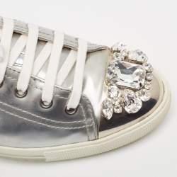 Miu Miu Silver Patent Leather Crystal Embellished Cap-Toe Low-Top Sneakers Size 39