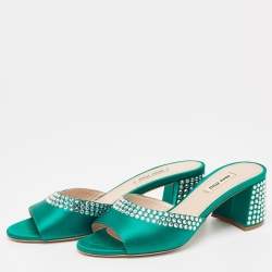 Miu Miu Green Satin Crystals Embellished Slide Sandals Size 38